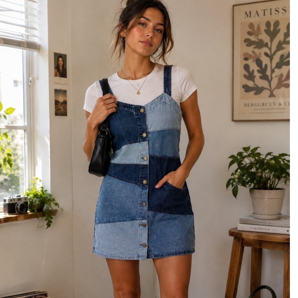 GAP Denim Dress Patchwork Button Front Mini Pinafore Y2K Boho Retro 90s XS